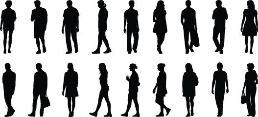Vector illustration of walking people silhouettes, men and women, casual clothing, urban style