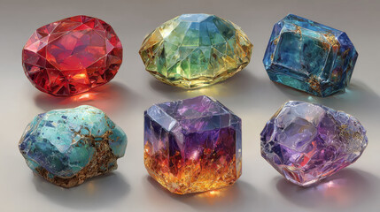 Game gemstone, magic jewel crystal or diamond icon, sapphire and amethyst, ruby and emerald treasure, royal precious gem. Fantasy cartoon gui trophy with texture, isolated set