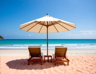 Beach scene with umbrella and chairs
