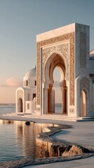 Ornate white building reflects in water