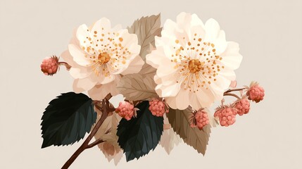 Delicate flowers with leaves and buds on a soft background.