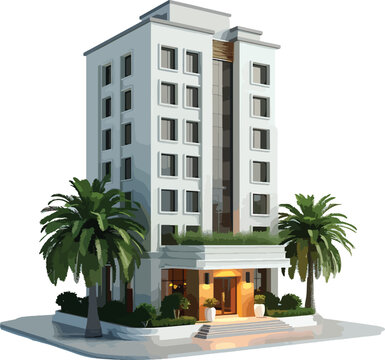 3d Modern hotel building with palm trees at night