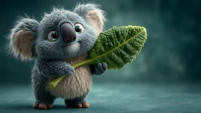 Adorable Cartoon Koala Holding a Fresh Green Leaf in Various Cute Poses in a Studio Setting.