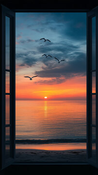 Fototapeta Serene Sunrise Over Ocean Seen Through Open Window With Flying Seagulls