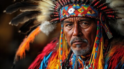 Obraz premium Native American elder in ceremonial headdress, outdoor festival