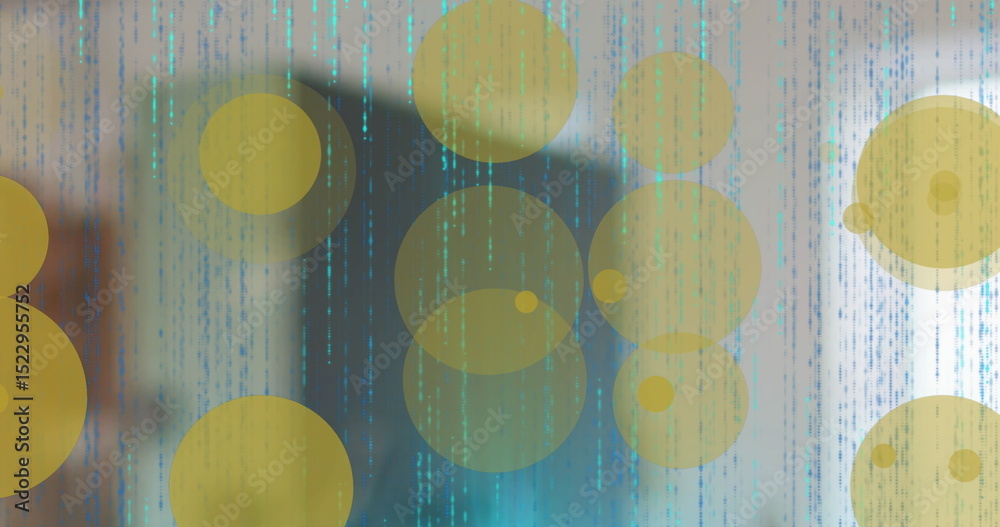 Poster Cascading coded lines and translucent yellow circles creating data display, with blurred rectangle