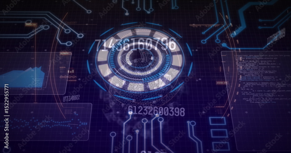 Poster image of numbers, data and processing circle on violet background