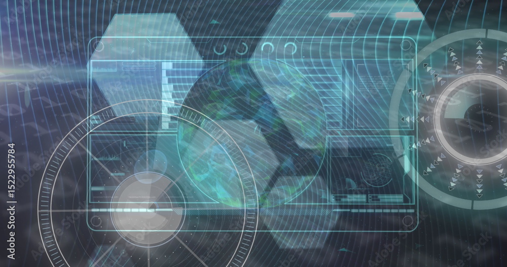 Poster image of data processing on digital screen and rotating globe