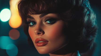 Fototapeta premium Model with retro hairstyle and makeup poses against vibrant background in urban nightlife setting
