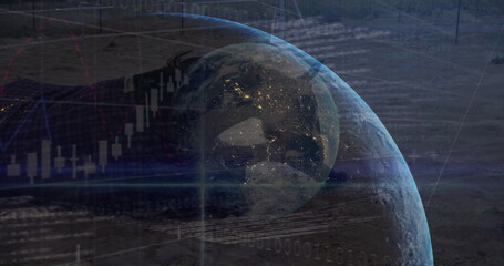 Displaying translucent Earth globe hovering in space, with candlestick charts and binary code