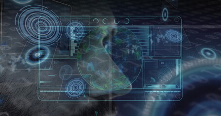 Projecting holographic panels showcasing 3D Earth globe with hex grid at control center