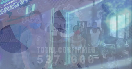 Image of data processing on digital screen and diverse people exercising in face masks