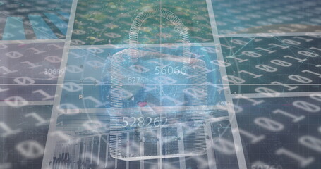 Image of numbers, screens, globe and binary code