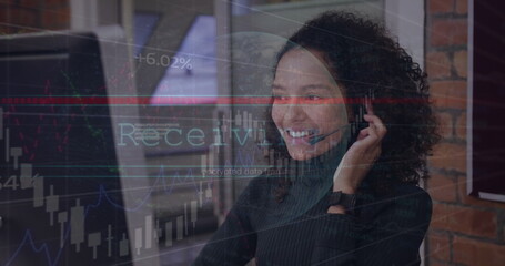 Image of data processing over businesswoman using phone headset