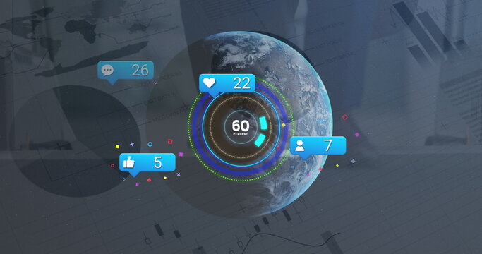 Image of globe, connections and social media reactions over financial graphs