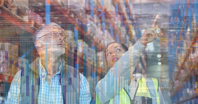 Image of data processing over diverse male supervisor and female worker working at warehouse