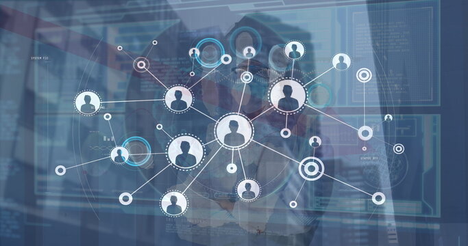 Image of connections, data processing on digital screen and hand of man using touchscreen