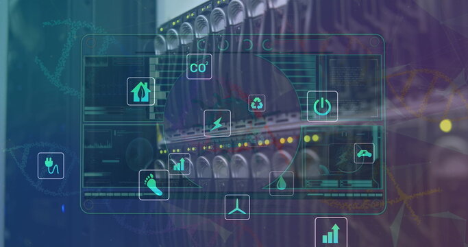 Image of data processing on digital screen and eco icons over machine - Powered by Adobe