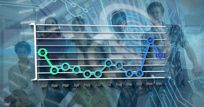 Image of data processing over diverse business people smiling