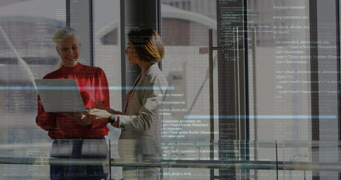 Image of data processing over diverse business people talking