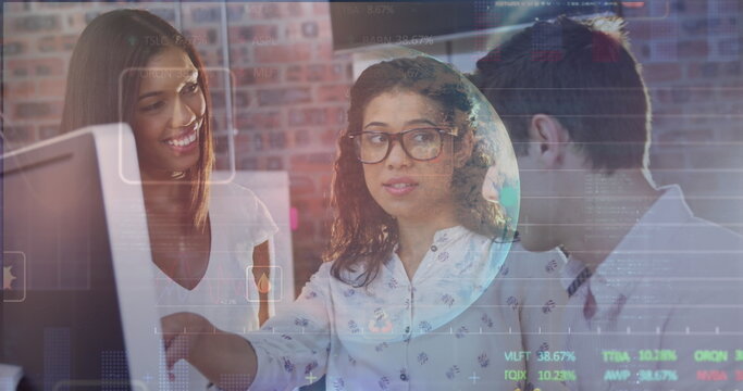 Image of data processing over diverse business people talking - Powered by Adobe