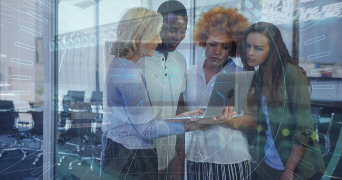 Image of data processing over diverse business people talking