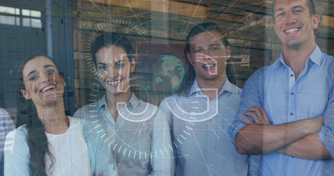 Image of data processing over diverse business people smiling - Powered by Adobe