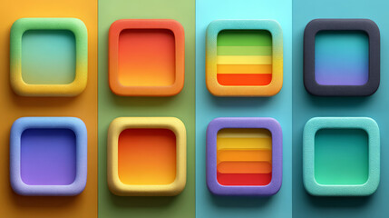 Colorful bento ui kit frame templates - rounded rectangle, square and irregular blob shapes in vibrant gradient style. Funky graphic elements for mobile app and website wireframe layouts or prototype.