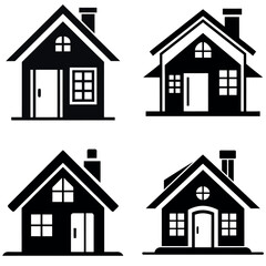 Four Black and White House Icons Simple Architectural Home Illustration Set