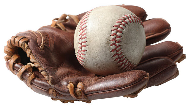 Close up of a well worn baseball glove cradling a baseball, showcasing the timeless connection between the sport and its equipment, set against a transparent background for versatile use