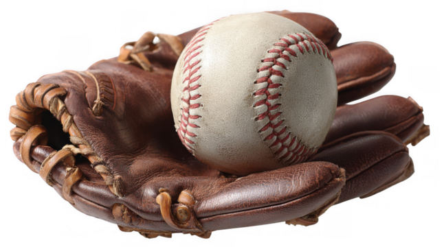 Close up of a well worn baseball glove cradling a baseball, showcasing the timeless connection between the sport and its equipment, set against a transparent background for versatile use