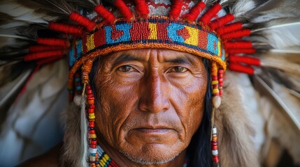 Obraz premium Native American elder in traditional headdress, portrait