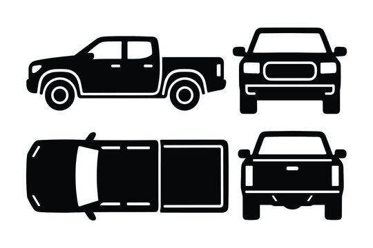 Detailed  silhouette of a pickup truck in side, front, back and top views in black color. vector illustration