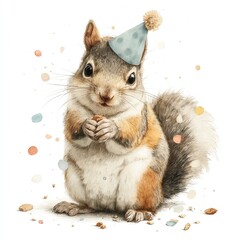 A cute squirrel wearing a party hat sits surrounded by colorful confetti, holding a small treat in its paws.