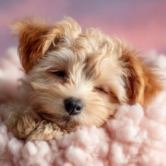 A fluffy puppy is peacefully resting on a soft pink blanket, with a dreamy pastel background.