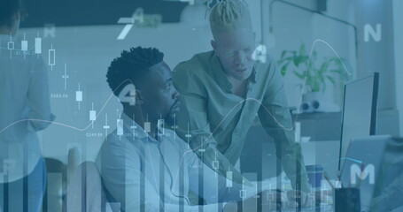 Image of financial graphs and data over diverse male coworkers in office