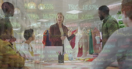 Image of financial graphs and data over diverse female and male coworkers in office