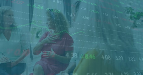 Discussing woman in red dress gesturing to adults in support group, with notebook and chart overlay