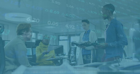 Image of data processing over diverse business people with face masks using tablets