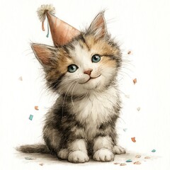 A cute kitten wearing a party hat sits surrounded by colorful confetti, looking up with bright, playful eyes.