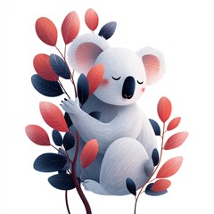 A cute illustrated koala cuddles among red and blue leaves, eyes closed, exuding calmness on a white background.