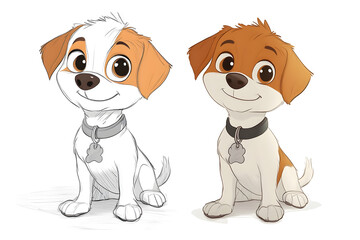 Fototapeta premium Cartoon Dog Illustration - Line Art and Color Example