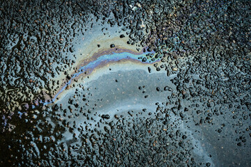 Colorful gasoline spill creating a rainbow effect on wet asphalt, highlighting environmental pollution.