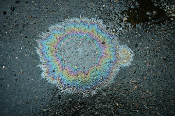 Iridescent gasoline spill creates a colorful, rainbow-like pattern on wet asphalt, highlighting environmental pollution