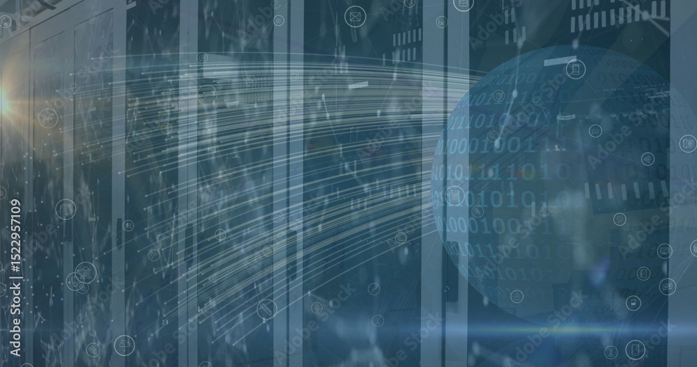 Poster image of globe with data processing over server room