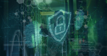 Image of chemical formulas, graphs, fingerprints and digital padlock over servers