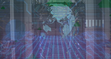 Image of globe and data processing over servers