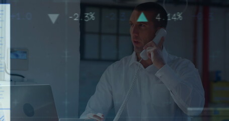Image of data processing over caucasian businessman talking on phone