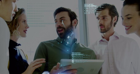 Image of data over diverse female and male coworkers in office