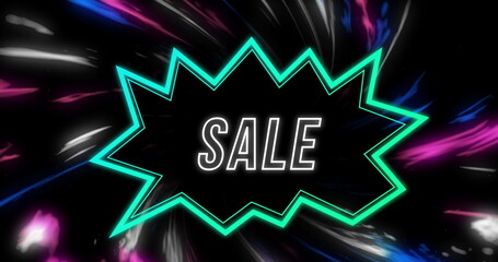 Image of sale over shape and lights on black background